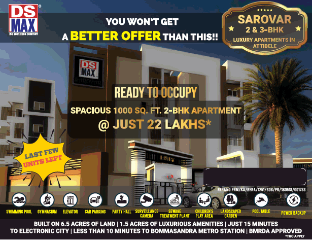Ready to occupy spacious 1000 sq ft 2 BHK apartment just 22 Lac at DS MAX Sarovar in Bangalore
